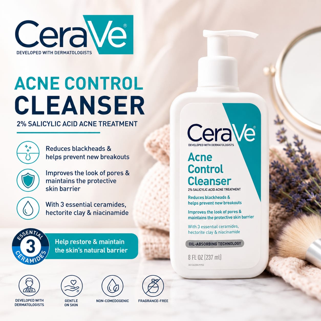 CeraVe Acne Control Cleanser in an 8 fl oz (237 ml) , Formulated with 2% salicylic acid to clear acne and reduce blackheads, along with niacinamide to soothe skin
