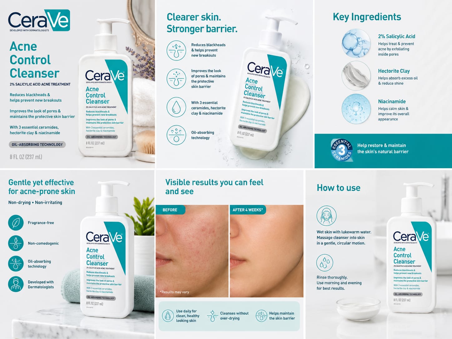 CeraVe Acne Control Cleanser in an 8 fl oz (237 ml) , Formulated with 2% salicylic acid to clear acne and reduce blackheads, along with niacinamide to soothe skin