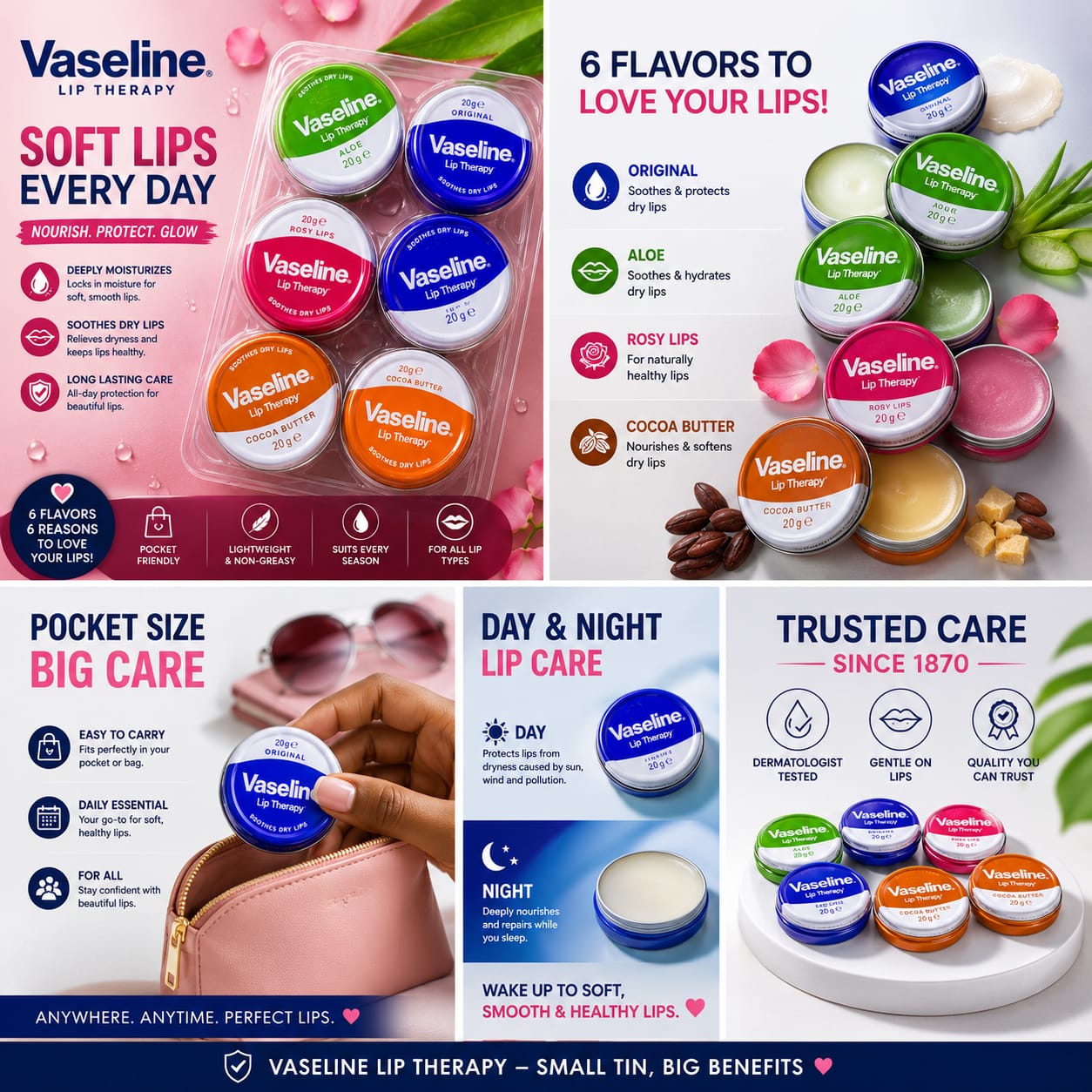 🔥 Vaseline Lip Therapy 20g Gift Set – Original, Aloe, Rosy Lips & Cocoa Butter | Deep Moisturizing Lip Balm | Soft, Smooth & Healthy Lips | Everyday Lip Care | Pocket Size Moisture Balm | Lip Care Gi