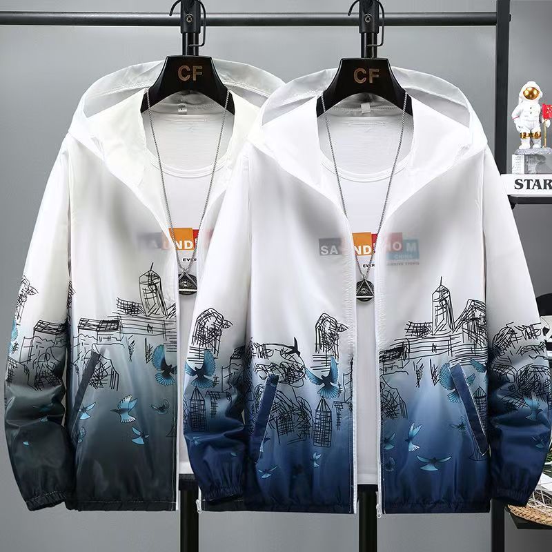Men's Ice Silk Sun Protection Jacket, Summer Lightweight Breathable Outdoor Hooded Coat, Gradient Printed Casual Sun-Proof Windbreaker for Teenagers, Ideal for Hiking, Fishing & Daily Sports