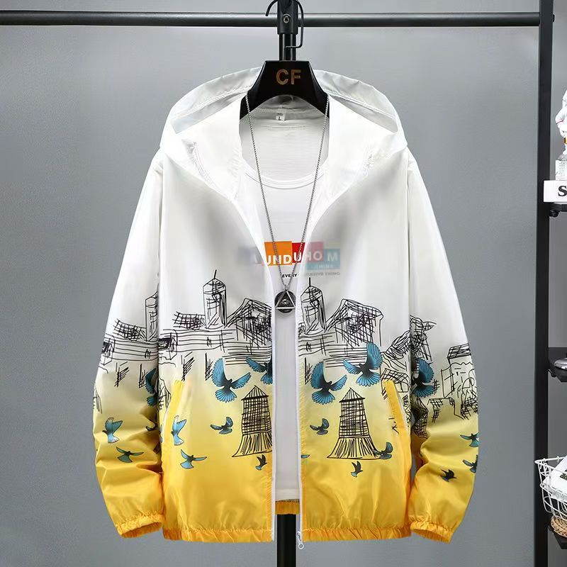Men's Ice Silk Sun Protection Jacket, Summer Lightweight Breathable Outdoor Hooded Coat, Gradient Printed Casual Sun-Proof Windbreaker for Teenagers, Ideal for Hiking, Fishing & Daily Sports