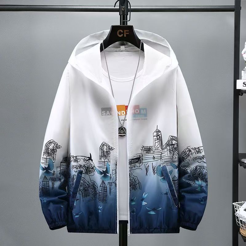 Men's Ice Silk Sun Protection Jacket, Summer Lightweight Breathable Outdoor Hooded Coat, Gradient Printed Casual Sun-Proof Windbreaker for Teenagers, Ideal for Hiking, Fishing & Daily Sports