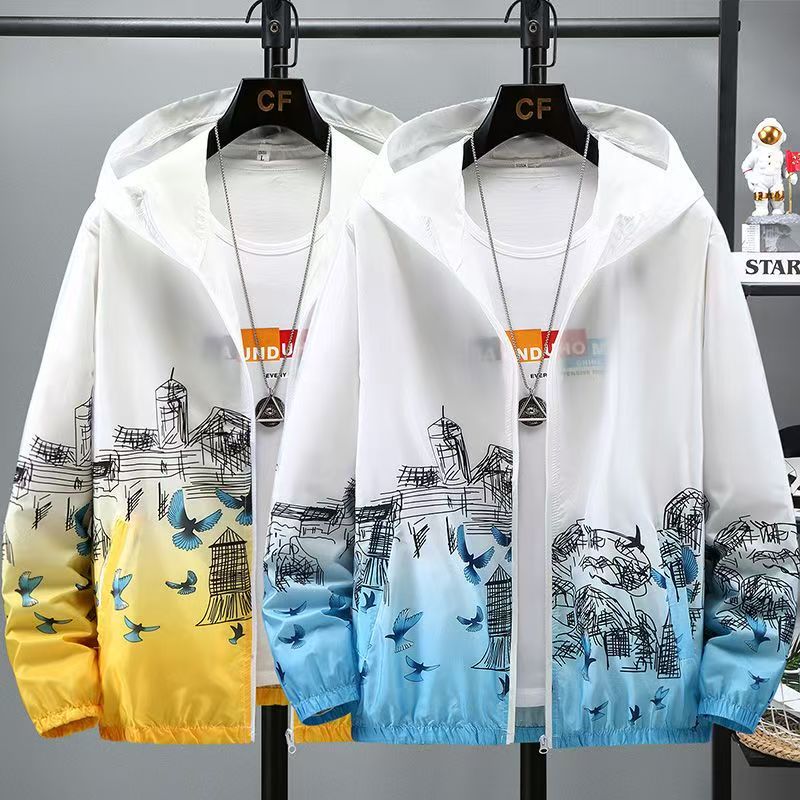 Men's Ice Silk Sun Protection Jacket, Summer Lightweight Breathable Outdoor Hooded Coat, Gradient Printed Casual Sun-Proof Windbreaker for Teenagers, Ideal for Hiking, Fishing & Daily Sports