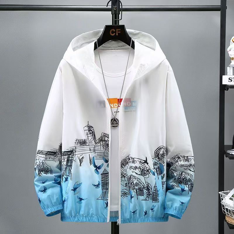 Men's Ice Silk Sun Protection Jacket, Summer Lightweight Breathable Outdoor Hooded Coat, Gradient Printed Casual Sun-Proof Windbreaker for Teenagers, Ideal for Hiking, Fishing & Daily Sports