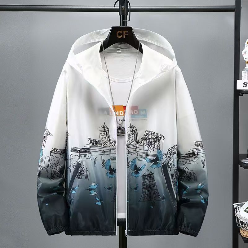 Men's Ice Silk Sun Protection Jacket, Summer Lightweight Breathable Outdoor Hooded Coat, Gradient Printed Casual Sun-Proof Windbreaker for Teenagers, Ideal for Hiking, Fishing & Daily Sports