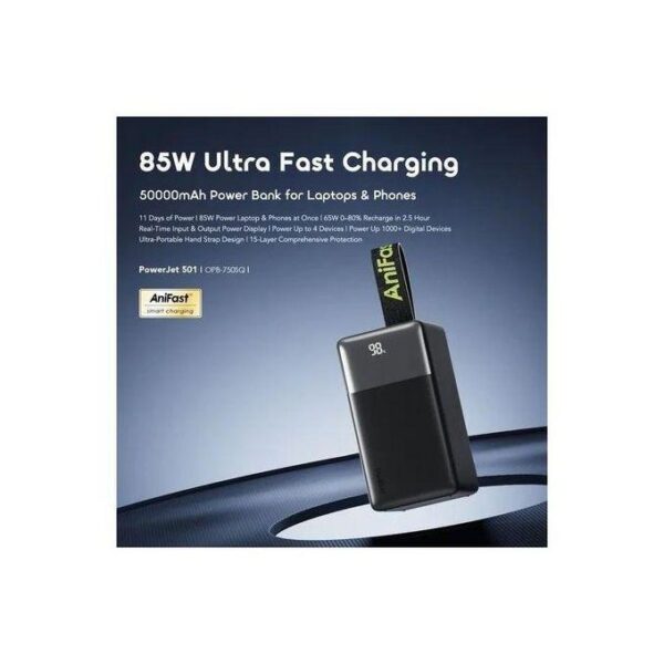 Oraimo PowerJet 501 50,000mAh Ultra Fast Charging Power Bank for Phones and Laptops, 85W Ultra Fast Charging, Built-In Carry Strap,Charge 4 Devices Simultaneously, Smart LED Digital Display.