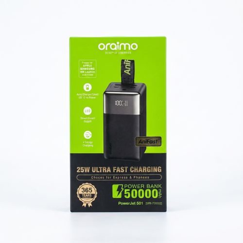 Oraimo PowerJet 501 50,000mAh Ultra Fast Charging Power Bank for Phones and Laptops, 85W Ultra Fast Charging, Built-In Carry Strap,Charge 4 Devices Simultaneously, Smart LED Digital Display.