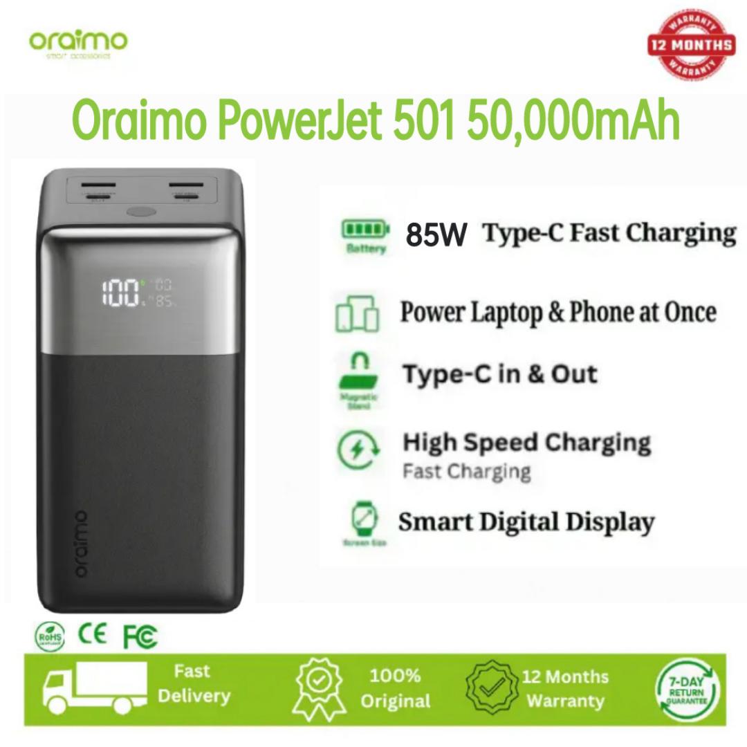 Oraimo PowerJet 501 50,000mAh Ultra Fast Charging Power Bank for Phones and Laptops, 85W Ultra Fast Charging, Built-In Carry Strap,Charge 4 Devices Simultaneously, Smart LED Digital Display.