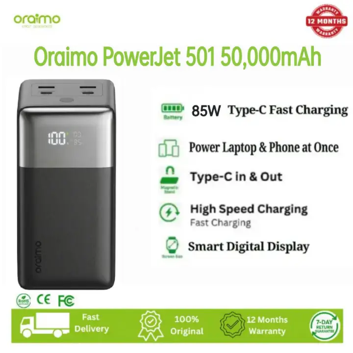 Oraimo PowerJet 501 50,000mAh Ultra Fast Charging Power Bank for Phones and Laptops, 85W Ultra Fast Charging, Built-In Carry Strap,Charge 4 Devices Simultaneously, Smart LED Digital Display.