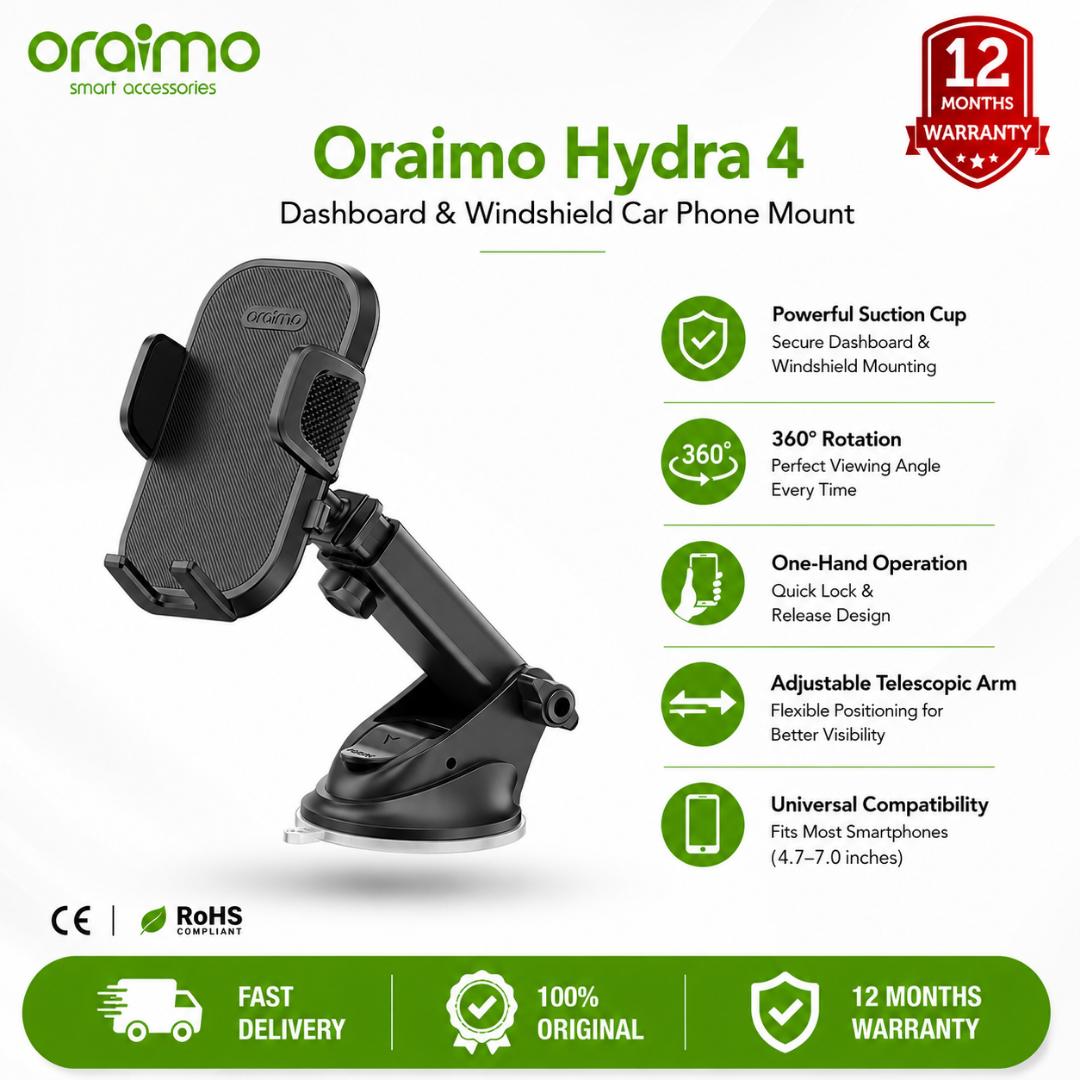 oraimo Hydra 4 Super Suction Flexible Car Mount,Silicone Protection,360° Flexible Gooseneck with a sleek and durable build