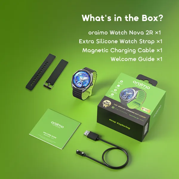 Oraimo Watch Nova 2R 1.43" AMOLED 35-Day Standby Smart Watch, Wireless HD Calling, Blood Oxygen & Heart Rate Monitor, Built-In Fun Games, Cool 2.5D UI Interaction, AI Generated Watch Faces.