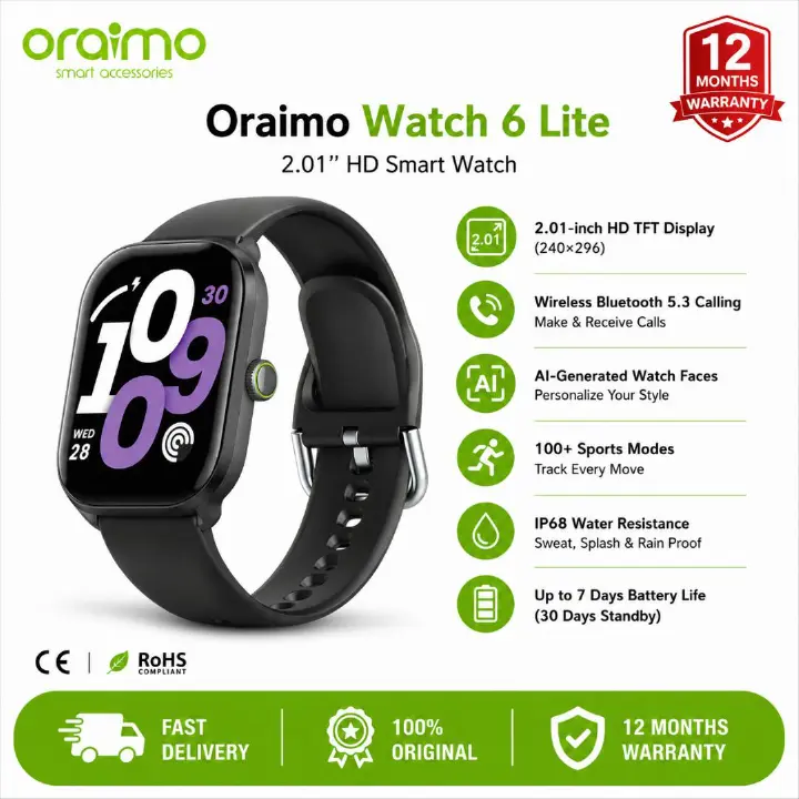 oraimo Watch 6 Lite 2.01'' Smart Watch With Cool UI Interface, Wireless HD Calling,24-Hour Health Monitoring,IP68 Waterproof & Dustproof, AI-Generated Watch Faces