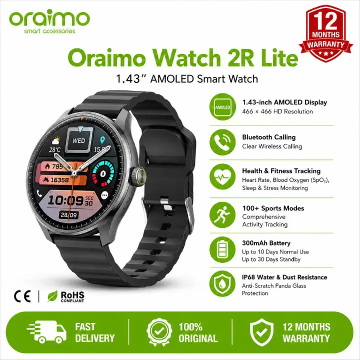 Oraimo Watch Nova 2R Lite 1.43" AMOLED 30-Day Standby Smart Watch, Wireless HD Calling, Blood Oxygen & Heart Rate Monitor, Built-In Fun Games, Cool 2.5D UI Interaction Stereoscopic Visuals.