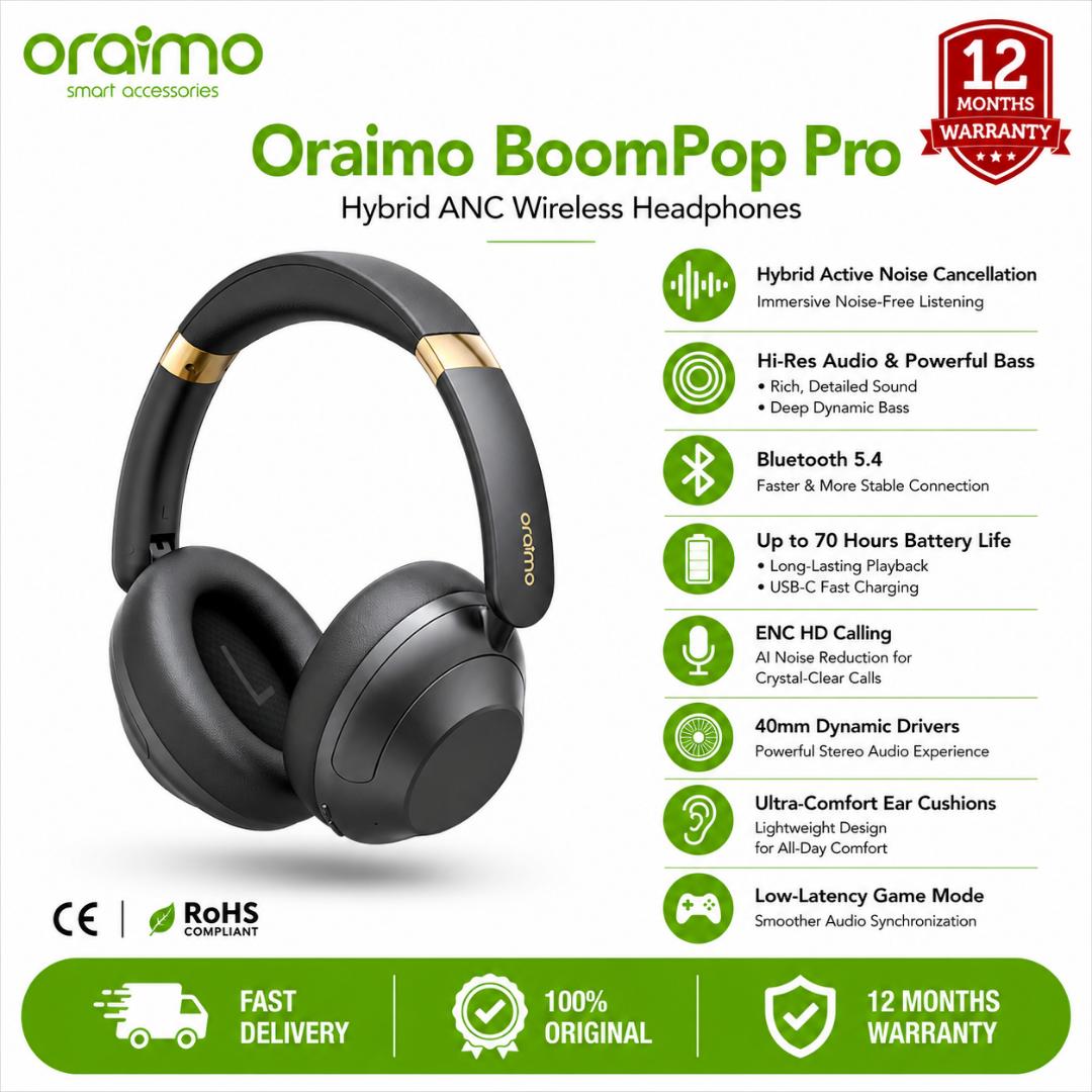 oraimo BoomPop Pro oraimo BoomPop Pro ANC Headphones, Hybrid Noise Cancellation, swipe controls let you easily manage music, calls, and volume, Enhanced Bass Boost, 82-Hour Long Playtime, Dual Device