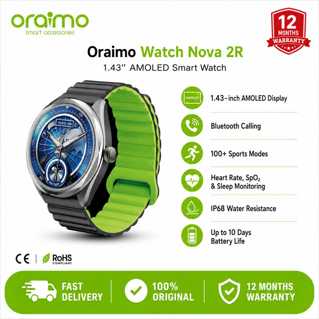 Oraimo Watch Nova 2R 1.43" AMOLED 35-Day Standby Smart Watch, Wireless HD Calling, Blood Oxygen & Heart Rate Monitor, Built-In Fun Games, Cool 2.5D UI Interaction, AI Generated Watch Faces.