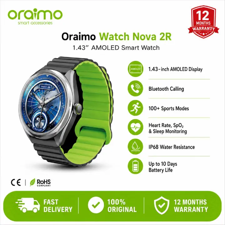 Oraimo Watch Nova 2R 1.43" AMOLED 35-Day Standby Smart Watch, Wireless HD Calling, Blood Oxygen & Heart Rate Monitor, Built-In Fun Games, Cool 2.5D UI Interaction, AI Generated Watch Faces.