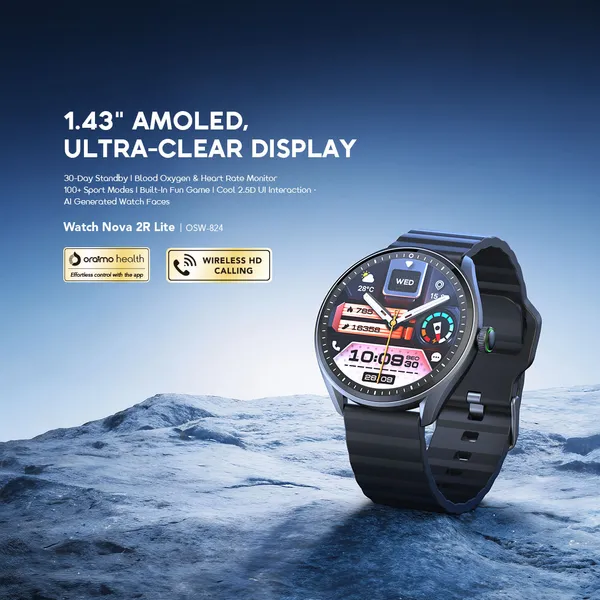 Oraimo Watch Nova 2R Lite 1.43" AMOLED 30-Day Standby Smart Watch, Wireless HD Calling, Blood Oxygen & Heart Rate Monitor, Built-In Fun Games, Cool 2.5D UI Interaction Stereoscopic Visuals.