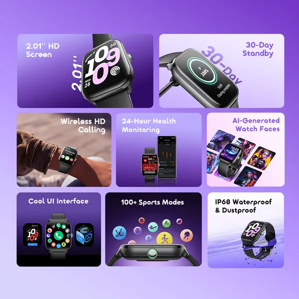 oraimo Watch 6 Lite 2.01'' Smart Watch With Cool UI Interface, Wireless HD Calling,24-Hour Health Monitoring,IP68 Waterproof & Dustproof, AI-Generated Watch Faces