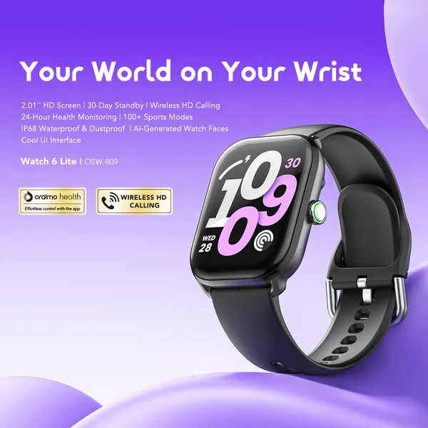 oraimo Watch 6 Lite 2.01'' Smart Watch With Cool UI Interface, Wireless HD Calling,24-Hour Health Monitoring,IP68 Waterproof & Dustproof, AI-Generated Watch Faces