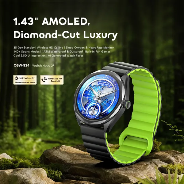 Oraimo Watch Nova 2R 1.43" AMOLED 35-Day Standby Smart Watch, Wireless HD Calling, Blood Oxygen & Heart Rate Monitor, Built-In Fun Games, Cool 2.5D UI Interaction, AI Generated Watch Faces.