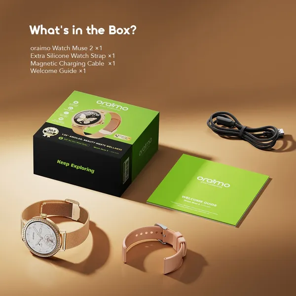 Oraimo Watch Muse 2 1.32" AMOLED Diamond Appearance Smart Watch, Magnetic Charge, Wireless HD Calling, 24-Hour Health & Sleep Aid,IP68 Waterproof & Dustproof.