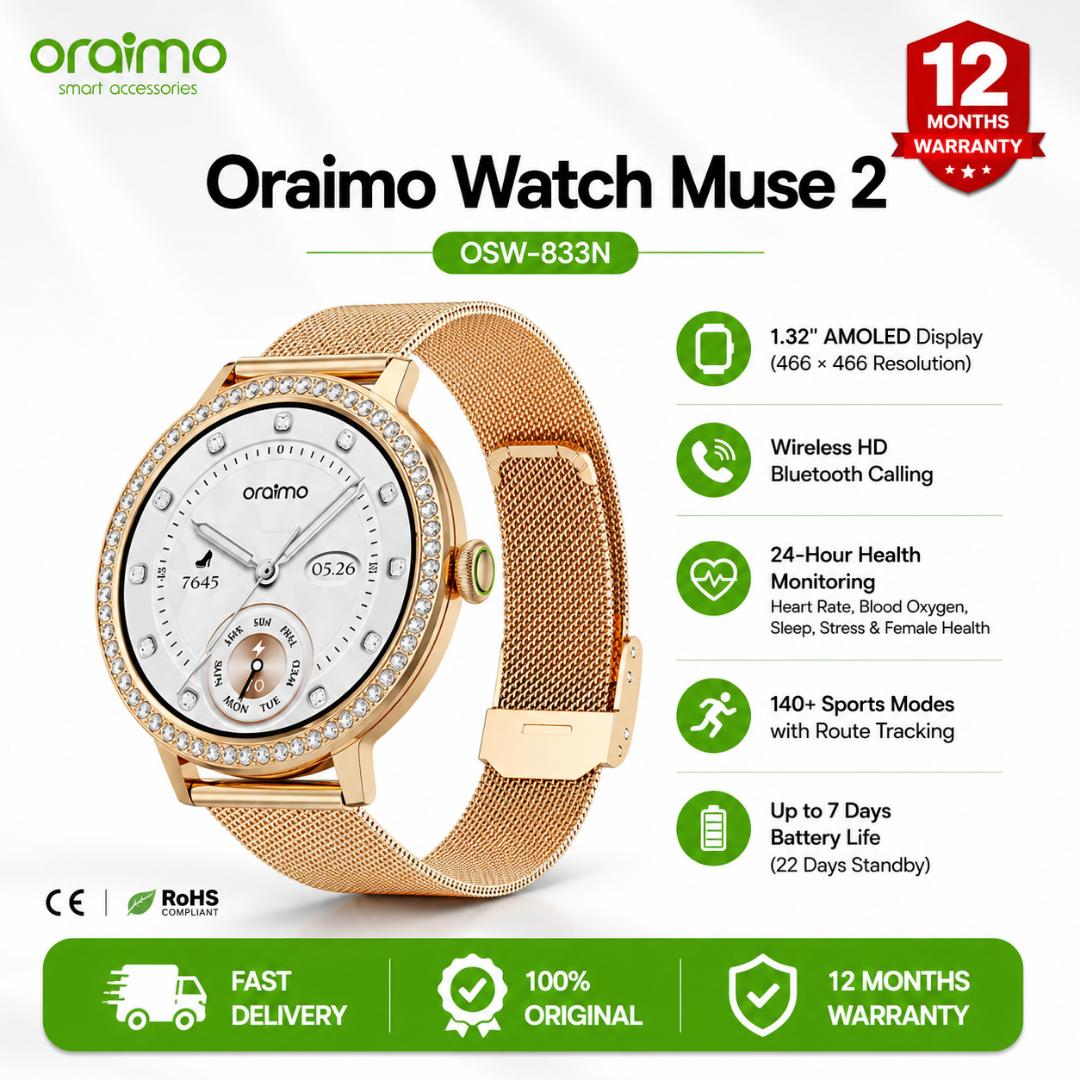 Oraimo Watch Muse 2 1.32" AMOLED Diamond Appearance Smart Watch, Magnetic Charge, Wireless HD Calling, 24-Hour Health & Sleep Aid,IP68 Waterproof & Dustproof.