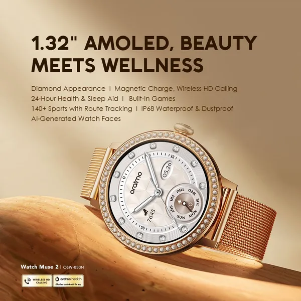 Oraimo Watch Muse 2 1.32" AMOLED Diamond Appearance Smart Watch, Magnetic Charge, Wireless HD Calling, 24-Hour Health & Sleep Aid,IP68 Waterproof & Dustproof.