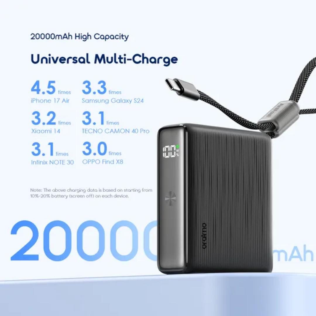 Oraimo PowerNova L21 20000mAh Power Bank | 30W Fast Charging, Built-In Type-C Cable, LED Display, 2 Type-C + USB-A | for iPhone, Samsung, Tecno | 12 Months Warranty