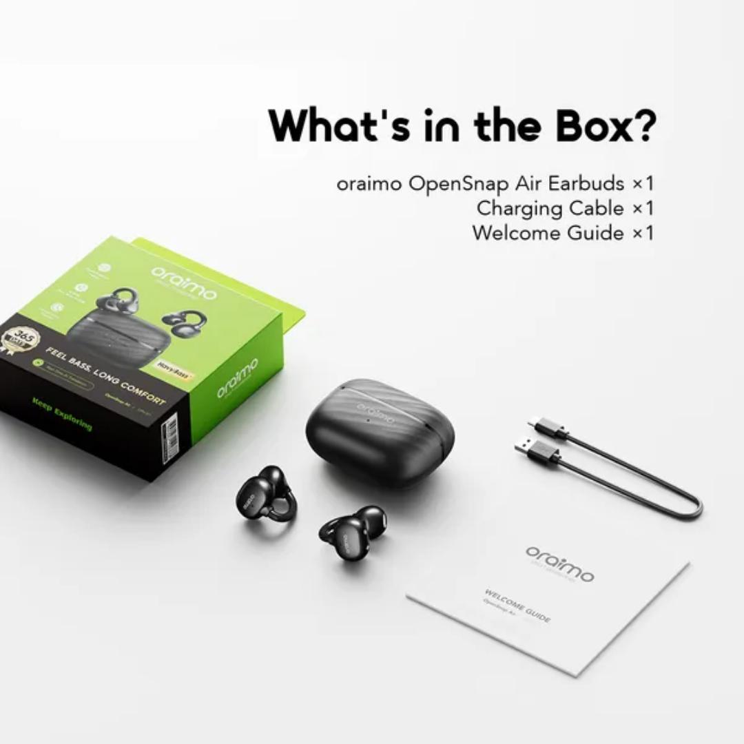 Oraimo OpenSnap Air Open-Ear True Wireless Earbuds Deep Bass, Clear Highs Secure Grip, Move Free Clear Calls, Less Noise Open Fast, Pair Instantly