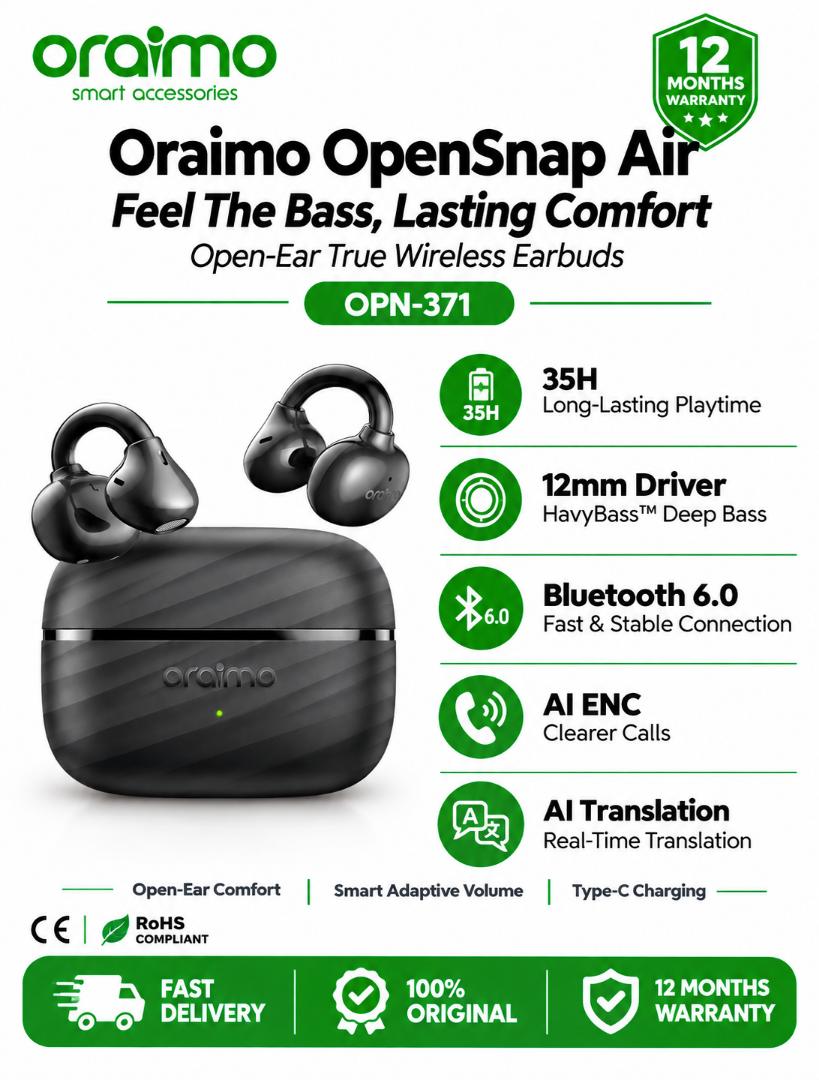 Oraimo OpenSnap Air Open-Ear True Wireless Earbuds Deep Bass, Clear Highs Secure Grip, Move Free Clear Calls, Less Noise Open Fast, Pair Instantly