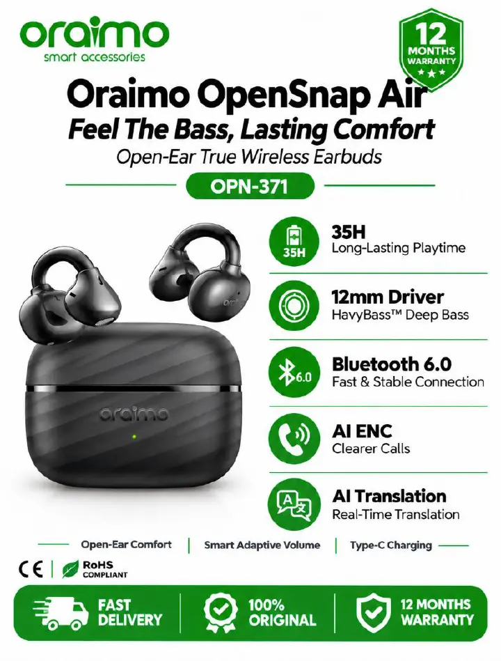 Oraimo OpenSnap Air Open-Ear True Wireless Earbuds Deep Bass, Clear Highs Secure Grip, Move Free Clear Calls, Less Noise Open Fast, Pair Instantly