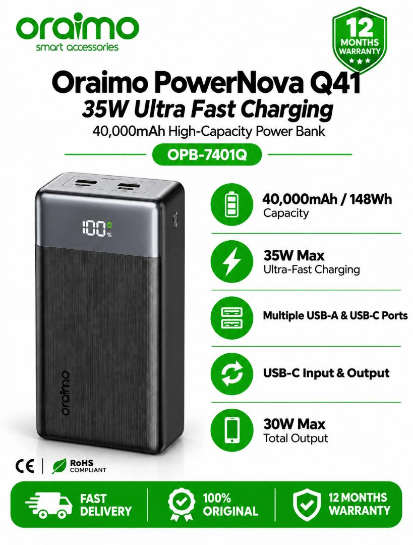 Oraimo PowerNova Q41 40000mAh Power Bank – 35W Dual-Device Fast Charging 10-Day Ultra-Long Power 4 Outputs & 2 Inputs Real-Time Power Display