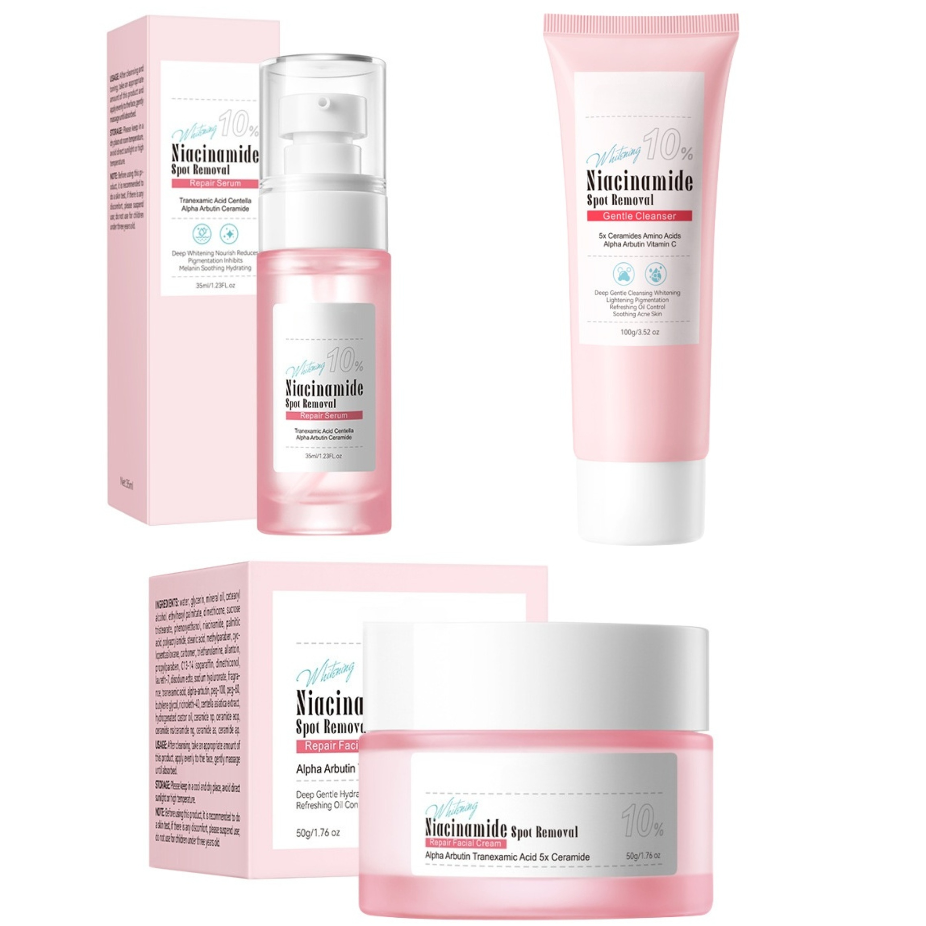 3 in 1,SADOER Niacinamide Whitening Spot Removal Repair Serum + Whitening Spot Removal Repair Face Cream + Gentle Cleanser with Vitamin C, Alpha Arbutin, Ceramide and Tranexamic Acid