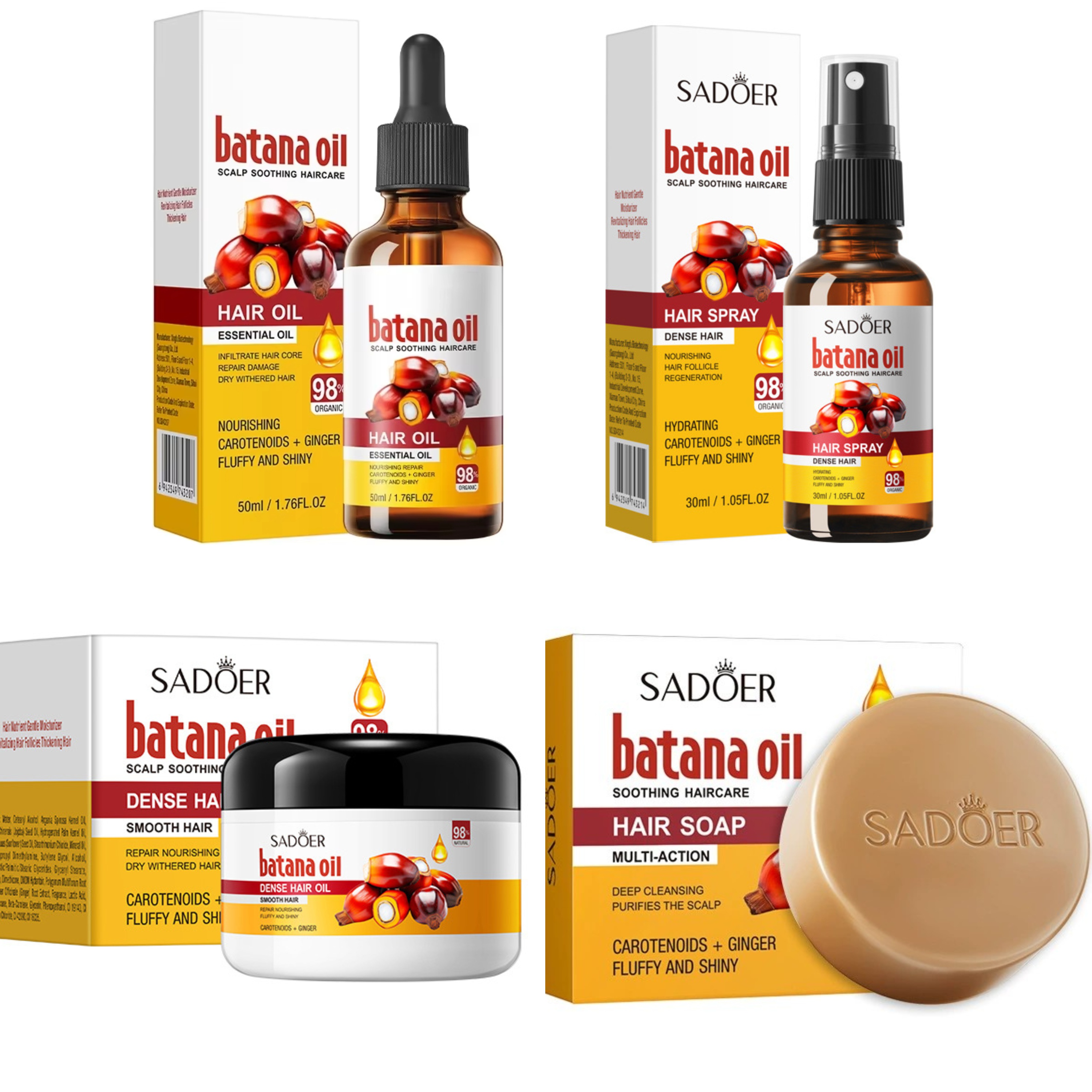 SADOER Batana Oil 4 in 1 Set, Batana Oil Essential Oil + Batana Oil  Dense Hair Oil + Batana Oil Hair Spray + Batana Oil Hair Soap for Hair Repair, Hair Nourishment, Prevent Split Ends