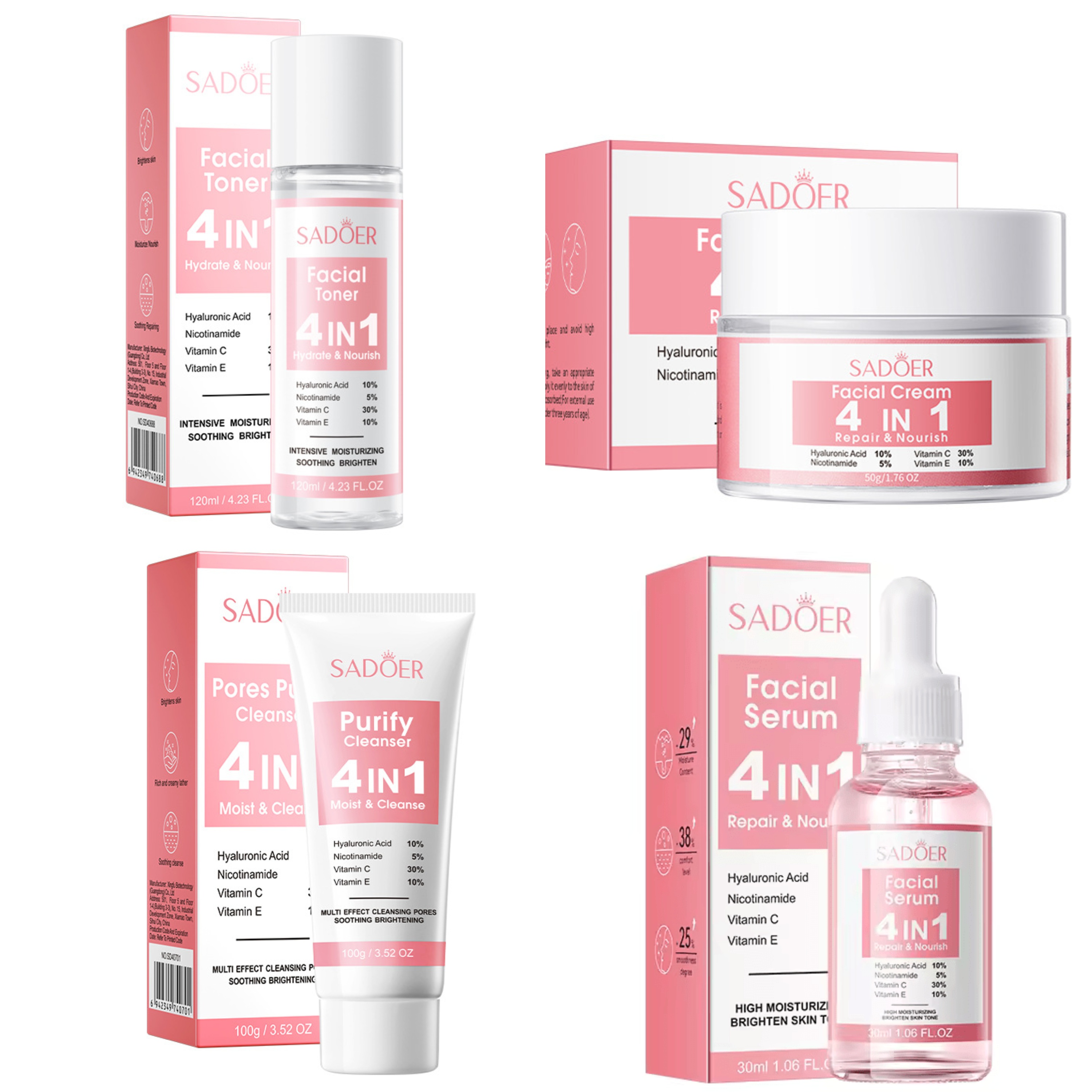 Sadoer 4 PCS Set of 4 in 1 Face Serum + Repair  Face Cream,+ Cleanser + Face Toner Contains Vitamin C, Nicotinamide (Niacinamide) Hyaluronic and Vitamin E, Purify Skin, Brighten, Moisturizing,