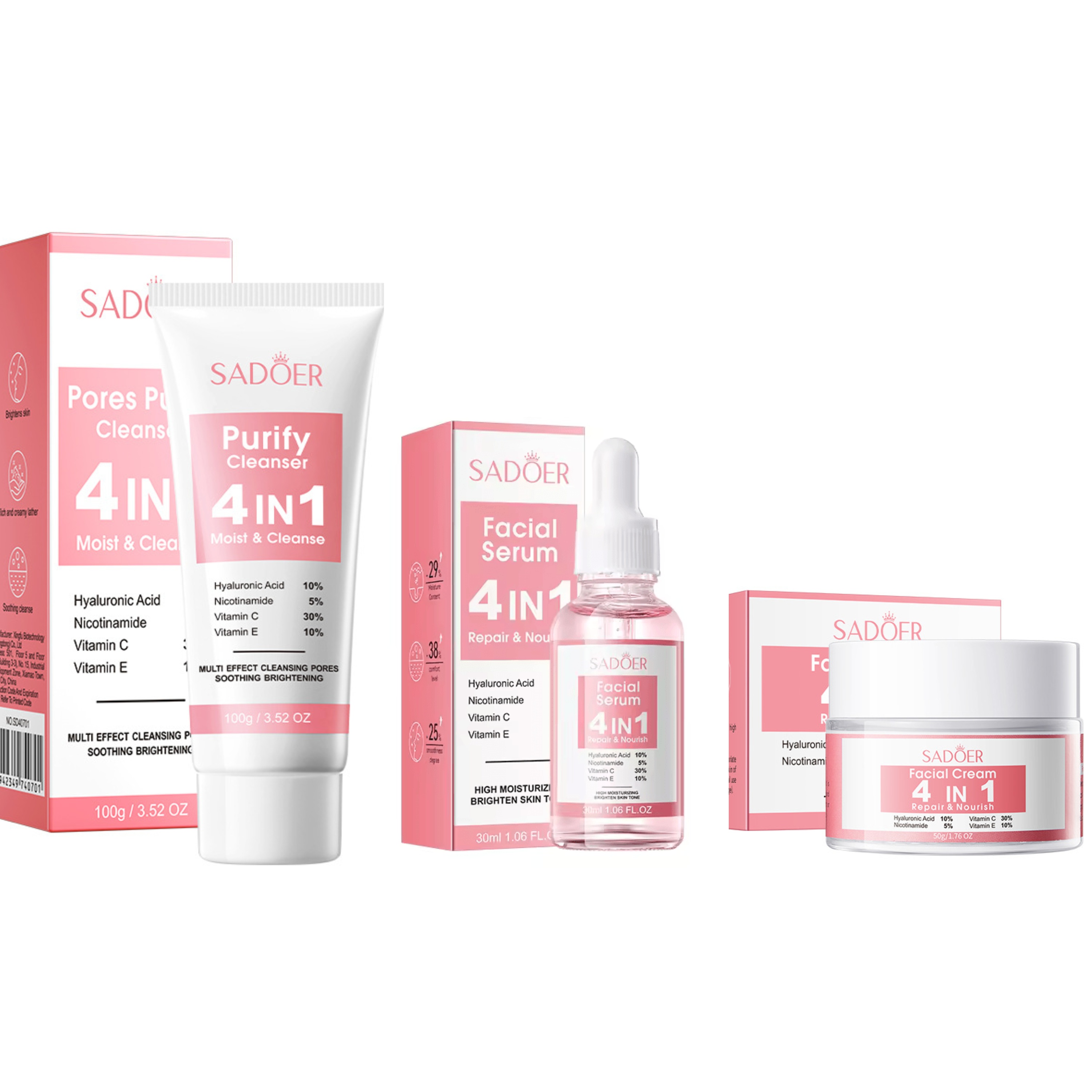 Sadoer 3 in 1 Set of 4 in 1 Face Serum + Repair & Nourish  Face Cream,+ Cleanser Contains Vitamin C, Nicotinamide (Niacinamide) Hyaluronic and Vitamin E, Purify Skin, Brighten, Moisturizing,