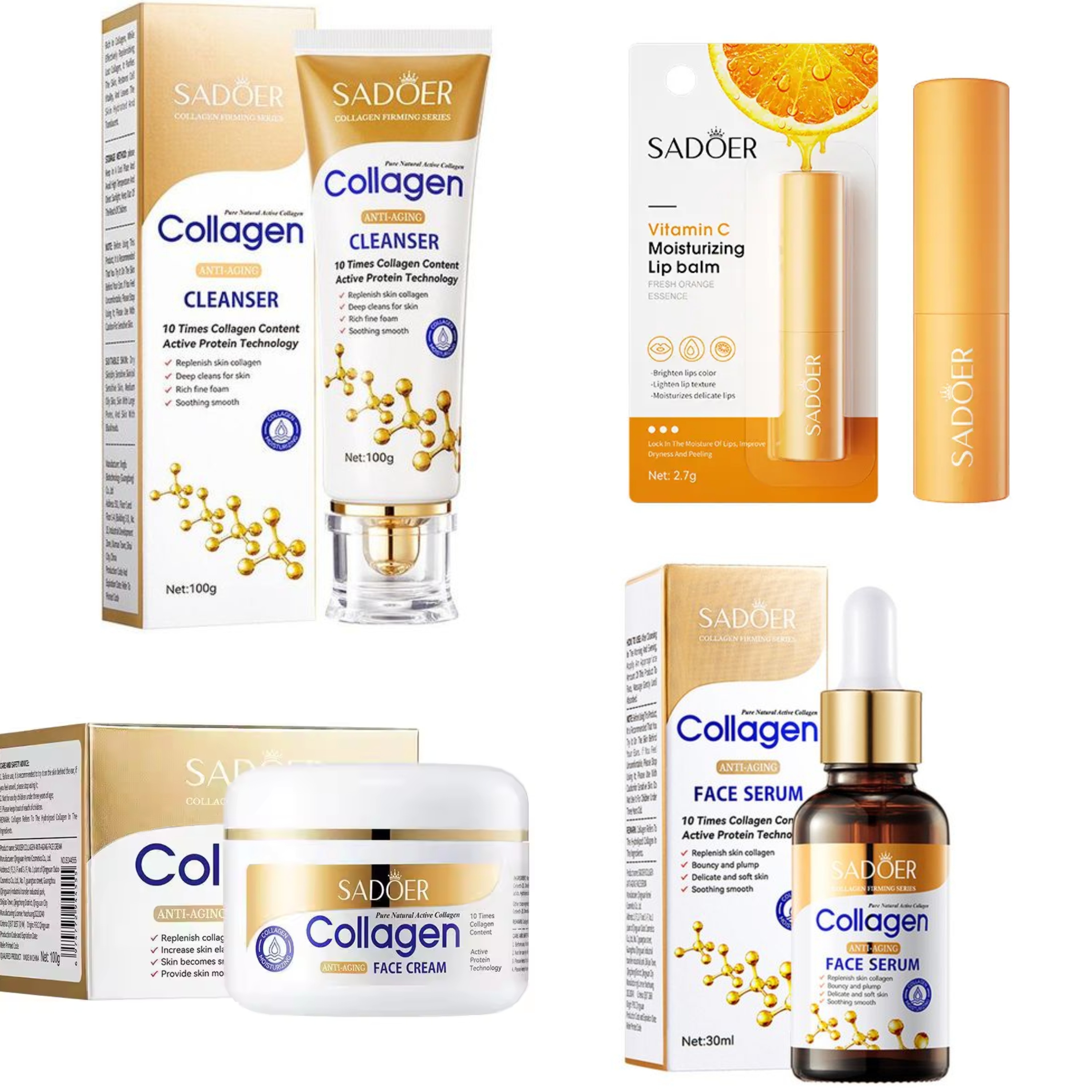 Sadoer 4 in 1 Set of Collagen Anti Aging Cleanser + Vitamin C Lip Balm + Collagen Cream Anti Aging + Collagen Serum, Anti Aging Face Serum, Moisturizing, Fade Wrinkles, Fade Fine Likes, hydrating