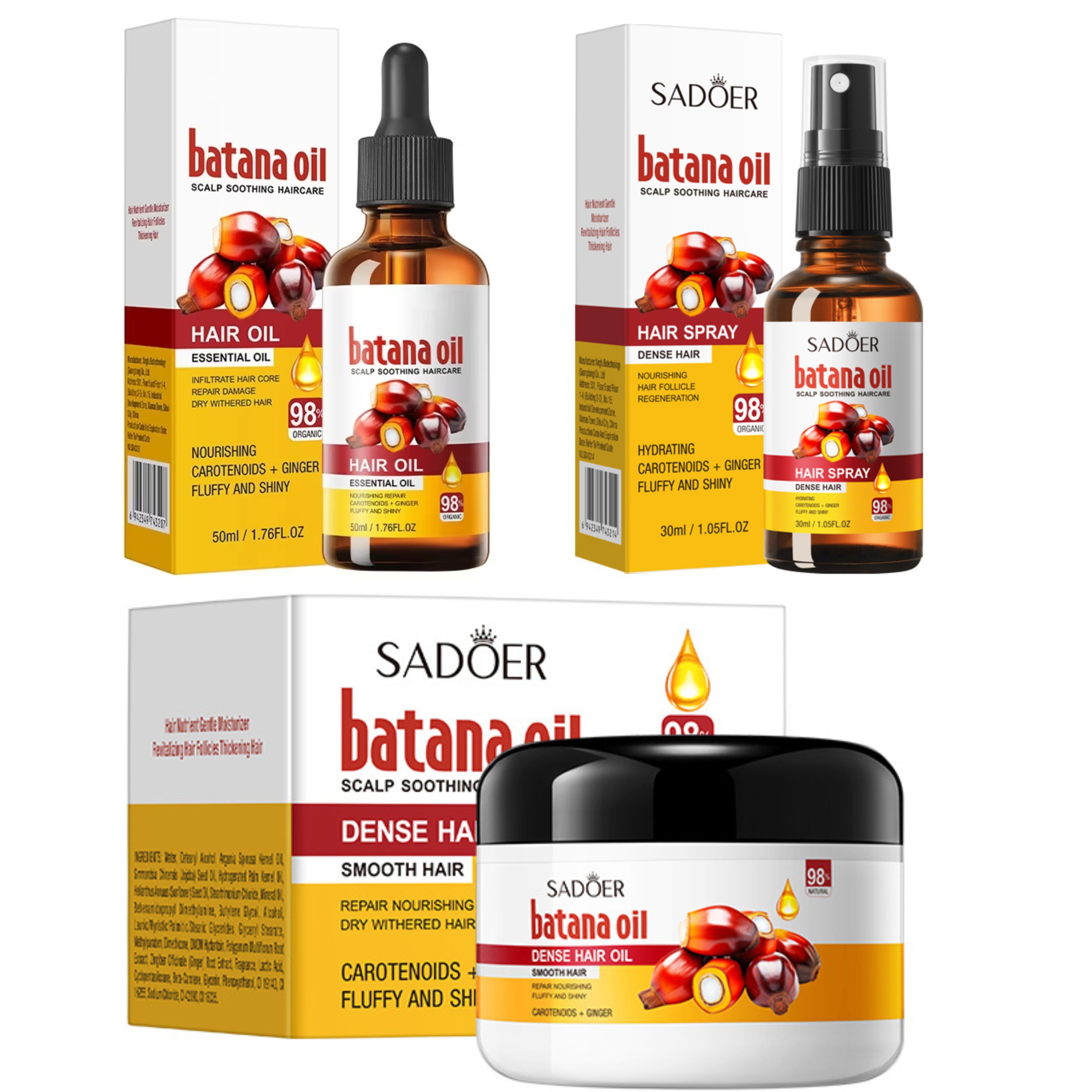 SADOER Batana Oil 3 in 1 Set, Batana Oil Essential Oil + Batana Oil  Dense Hair Oil + Batana Oil Hair Spray for Hair Repair, Hair Nourishment, Prevent Split Ends