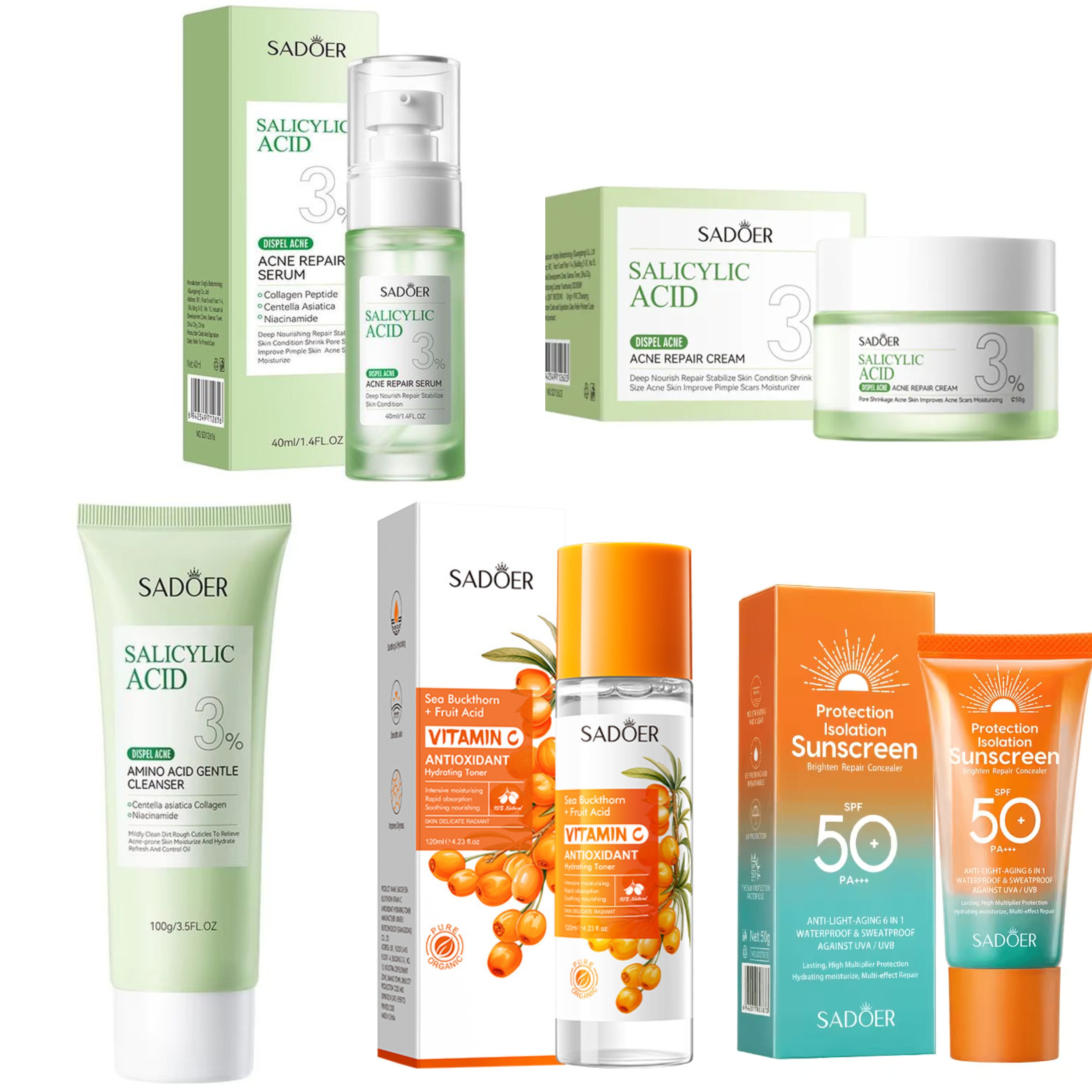 Sadoer 5 in 1 Set, 3%  Salicylic Acid Acne Repair Cream + Amino Acid Gentle Cleanser + Sea Buckthorn Vitamin C Face Toner + Acne Repair Serum + Sunscreen SPF 50, Acne Repair, Soothing, Repair
