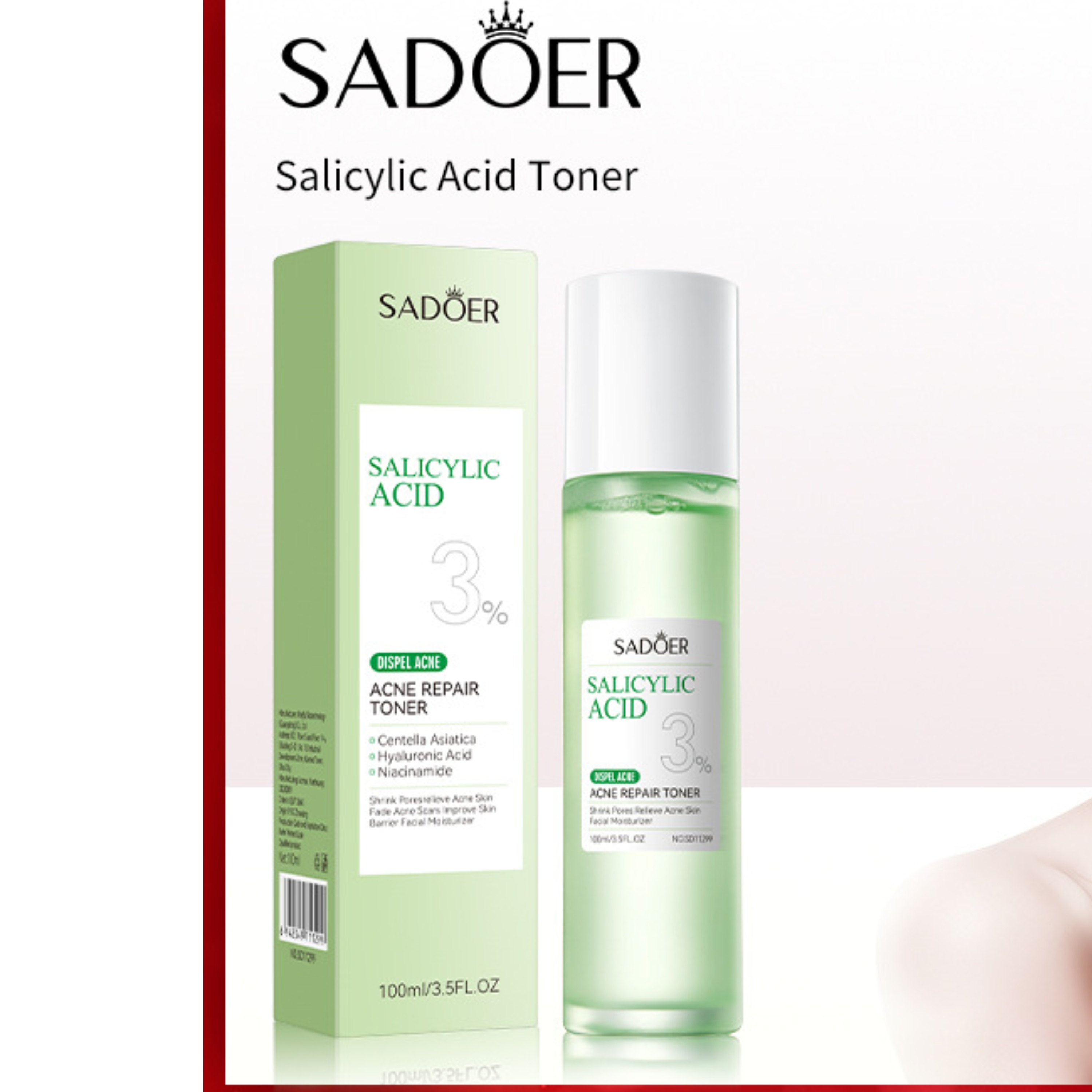 Sadoer 5 in 1 Set, 3%  Salicylic Acid Acne Repair Cream + Amino Acid Gentle Cleanser + Acne Repair Toner with Niacinamide + Acne Repair Serum like Vitamin C + Sunscreen SPF 50, Acne Repair, Soothing