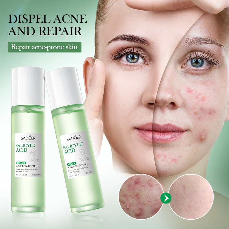 Sadoer 5 in 1 Set, 3%  Salicylic Acid Acne Repair Cream + Amino Acid Gentle Cleanser + Acne Repair Toner with Niacinamide + Acne Repair Serum like Vitamin C + Sunscreen SPF 50, Acne Repair, Soothing