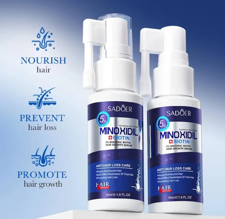 SADOER 5% Minoxidil + Biotin Hair Growth Serum Spray 30ml - Anti Hair Loss Care Treatment for Men & Women (Beard & Hair Regrowth)