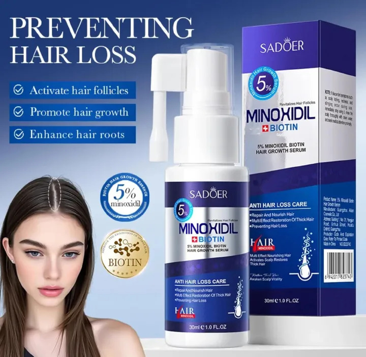 SADOER 5% Minoxidil + Biotin Hair Growth Serum Spray 30ml - Anti Hair Loss Care Treatment for Men & Women (Beard & Hair Regrowth)