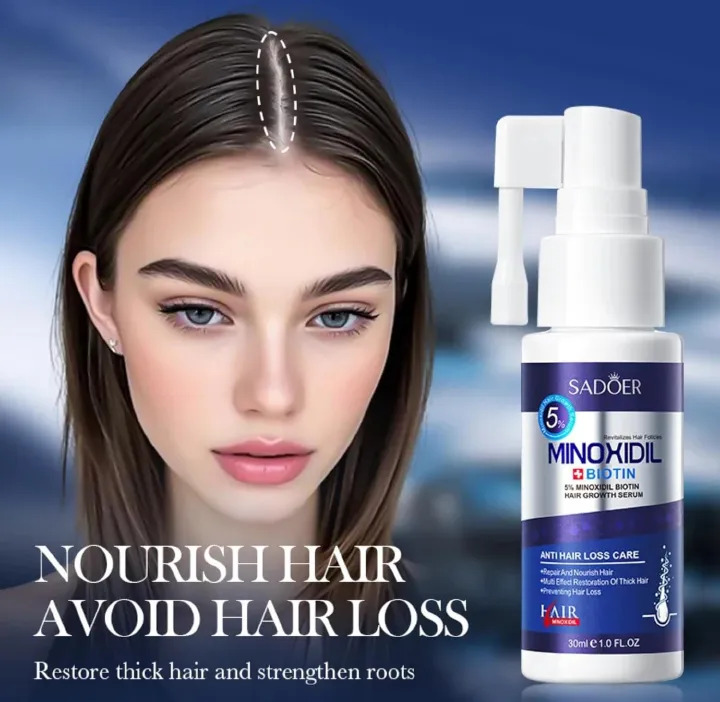 SADOER 5% Minoxidil + Biotin Hair Growth Serum Spray 30ml - Anti Hair Loss Care Treatment for Men & Women (Beard & Hair Regrowth)