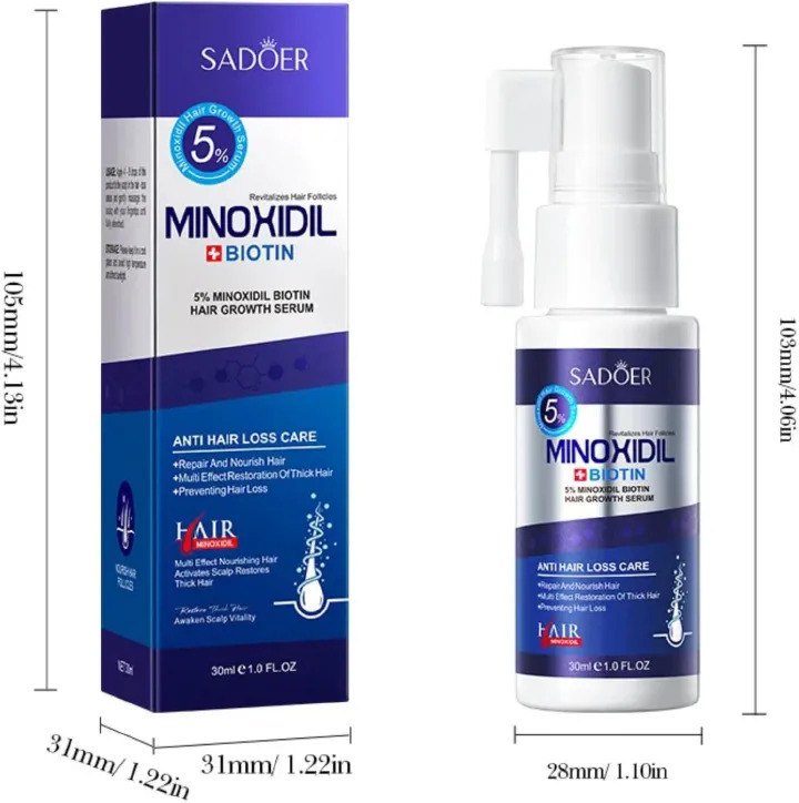 SADOER 5% Minoxidil + Biotin Hair Growth Serum Spray 30ml - Anti Hair Loss Care Treatment for Men & Women (Beard & Hair Regrowth)
