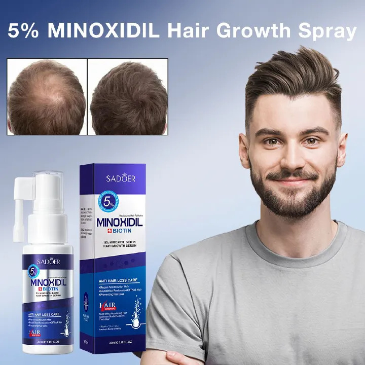 SADOER 5% Minoxidil + Biotin Hair Growth Serum Spray 30ml - Anti Hair Loss Care Treatment for Men & Women (Beard & Hair Regrowth)