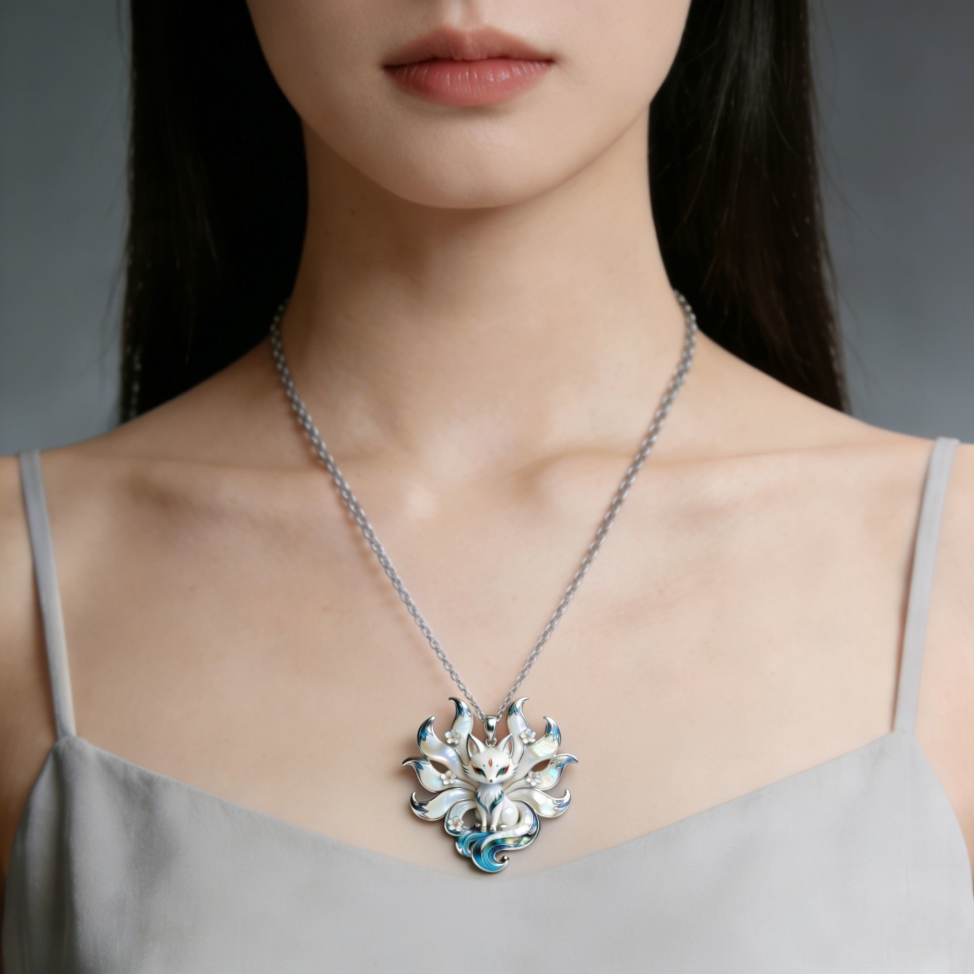 Lucky Nine-Tailed Fox Necklace for Women – Cute Enamel Fox Charm | Symbol of Love & Wisdom | Perfect Birthday & Anniversary Gift for Girlfriend,Blue & White Statement Necklace,Zawadi ya Kike ya Kipeke