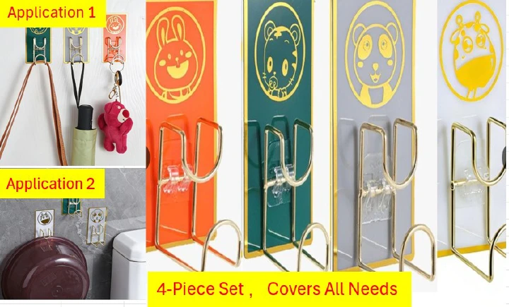 12th Anniversary Sale Multi-Scene Cartoon Hooks Set – 4pcs Gold-Stamped No Drill Adhesive Hangers, for Bathroom Basin, Kitchen Utensils & Entryway Keys | Vifaa vya Kufuli