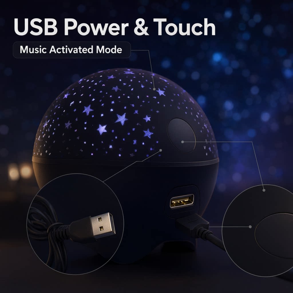 Sound Activated Star Moon Projector Light – USB Powered RGB Night Lamp for Kids Bedroom, Music Sync Flashing Effect | Taa ya Watoto ya Nyota na Mwezi (Star & Moon Kids Light)