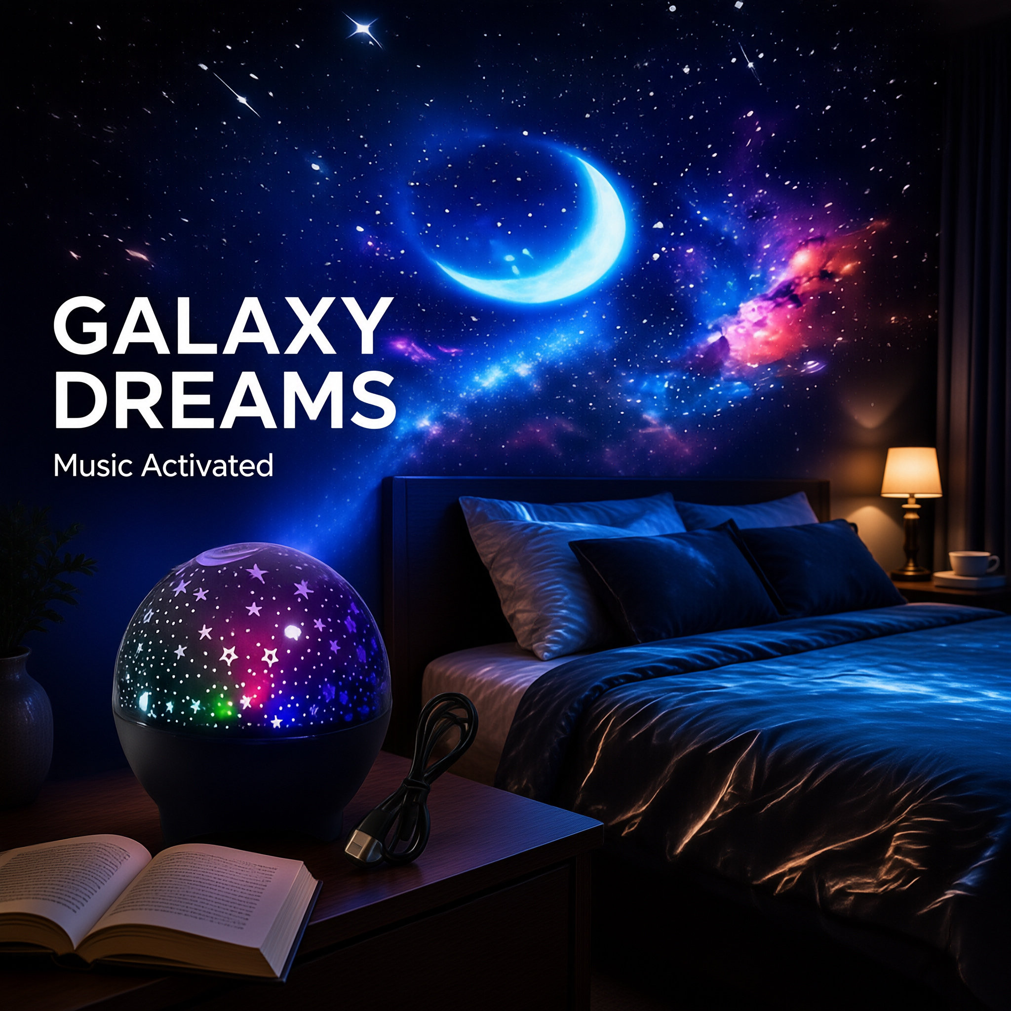 Sound Activated Star Moon Projector Light – USB Powered RGB Night Lamp for Kids Bedroom, Music Sync Flashing Effect | Taa ya Watoto ya Nyota na Mwezi (Star & Moon Kids Light)